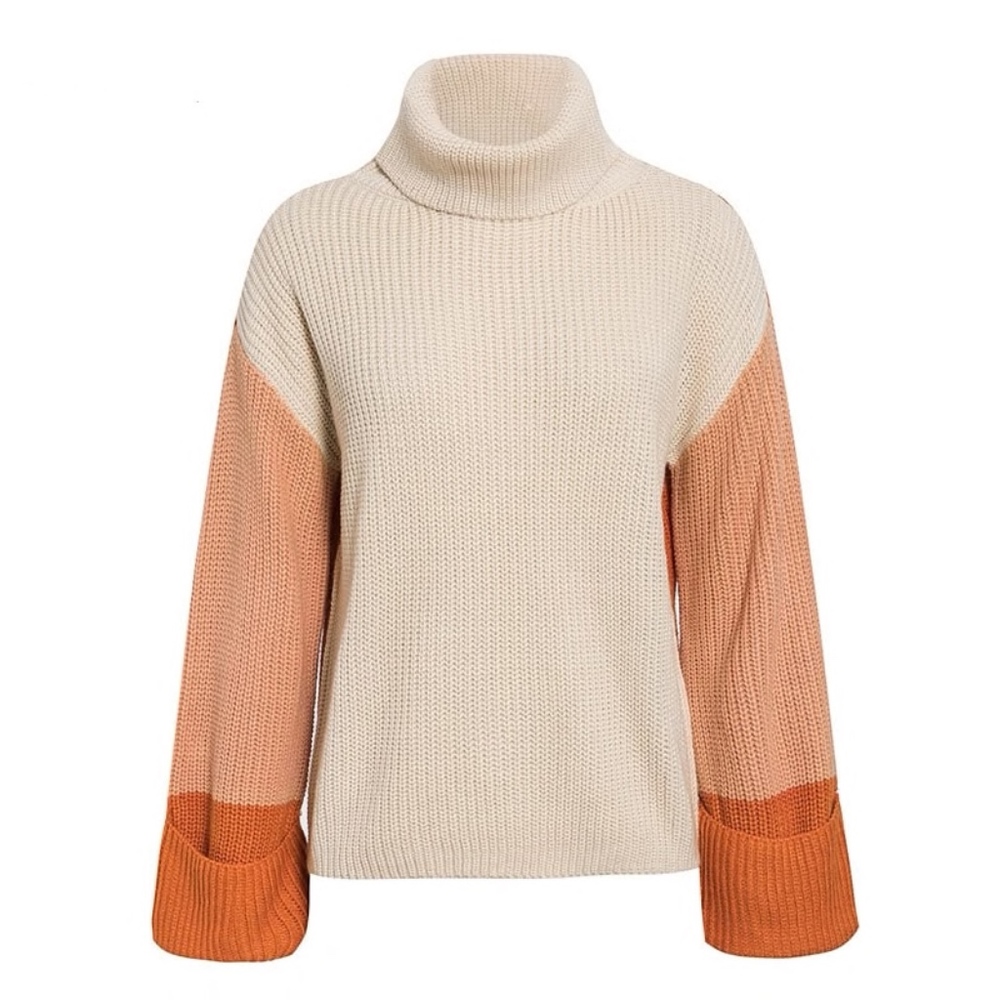 Color Block Beige Turtleneck Sweater Orange - Picture 5 of 9